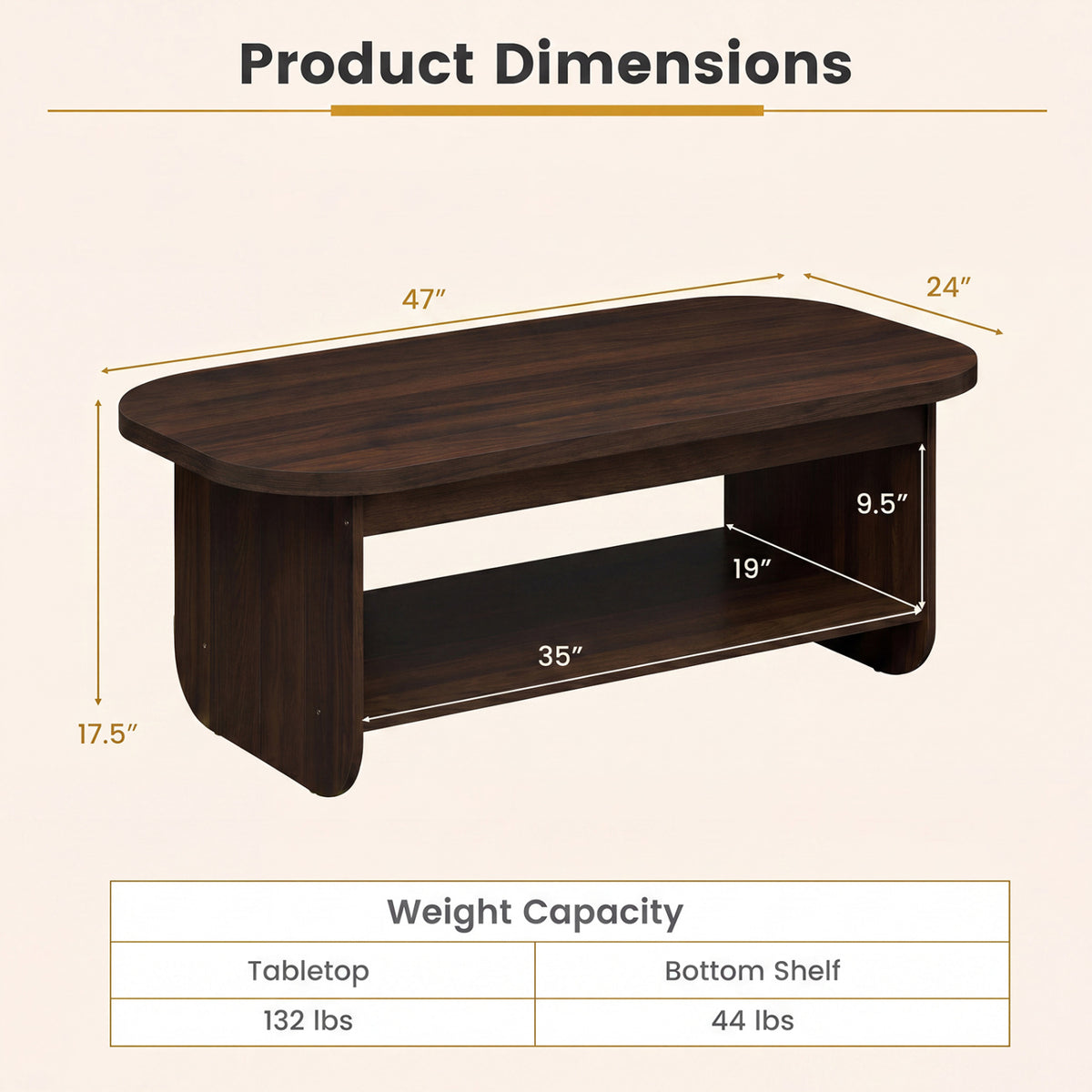2-Tier Oval Coffee Table for Living Room Mid Century Center Table with Bottom Storage Shelf