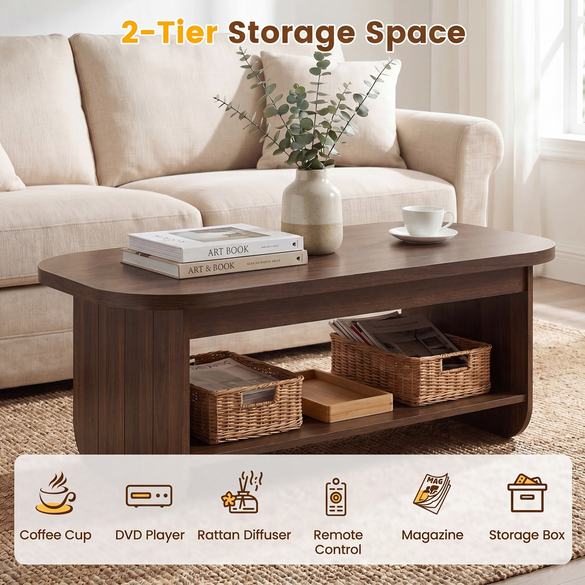2-Tier Oval Coffee Table for Living Room Mid Century Center Table with Bottom Storage Shelf