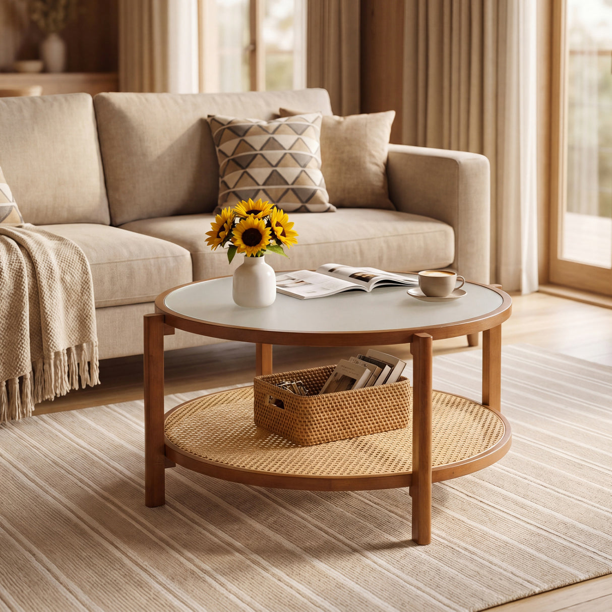 2-Tier Rattan Coffee Table with Frosted Tempered Glass Top and Wood Legs-Walnut