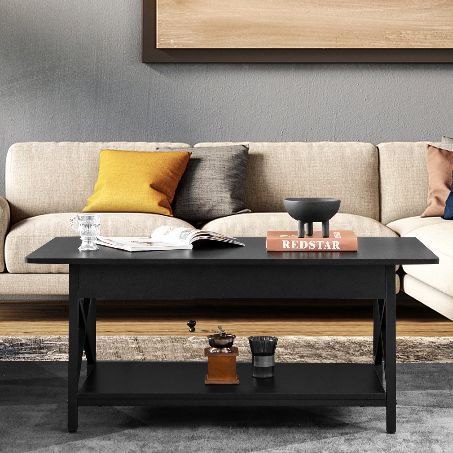 2-Tier Rectangle Coffee Table with Storage Shelf and X-shaped Metal Frame-Black