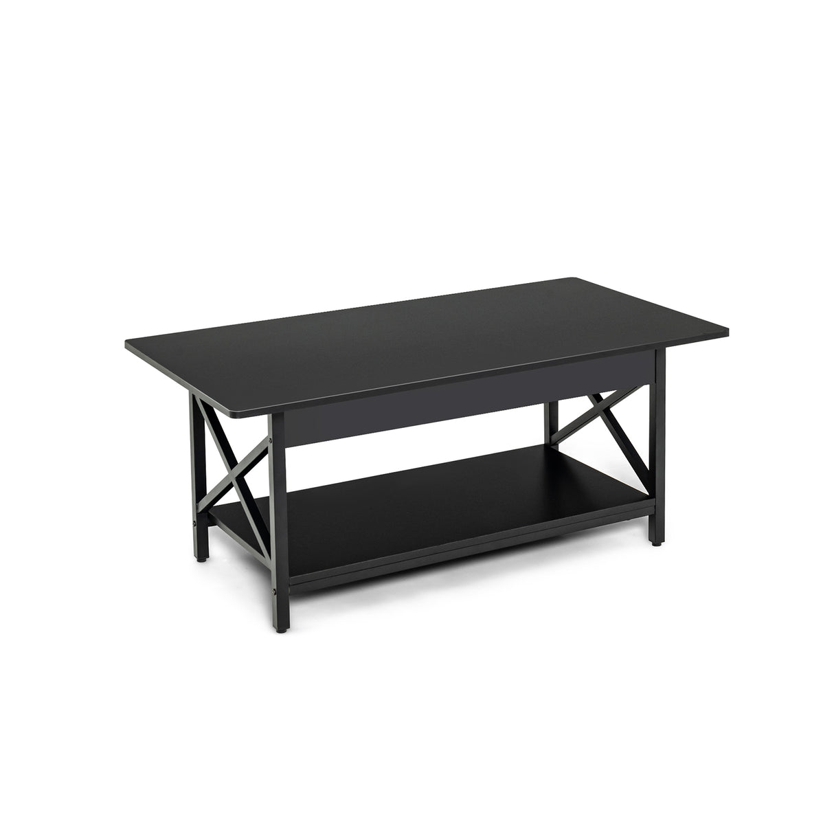 2-Tier Rectangle Coffee Table with Storage Shelf and X-shaped Metal Frame-Black