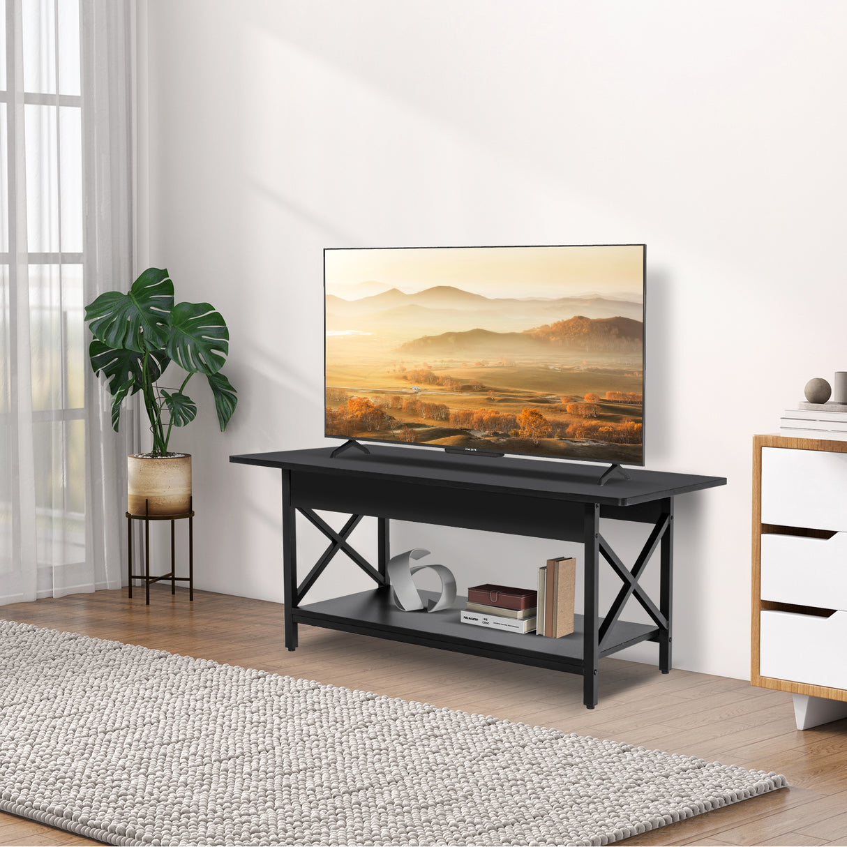 2-Tier Rectangle Coffee Table with Storage Shelf and X-shaped Metal Frame-Black