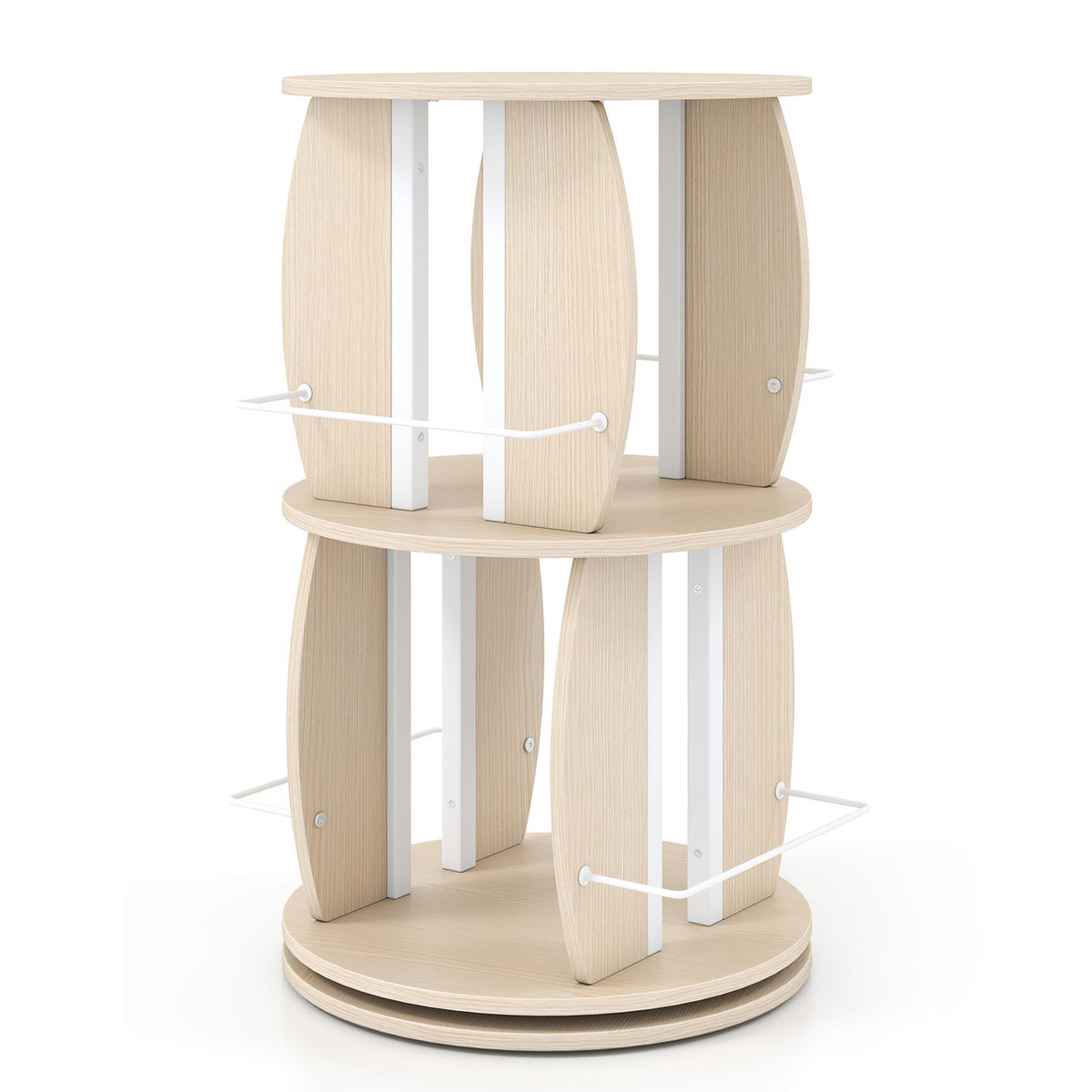 2-Tier Rotating Bookshelf Tower with Display Stands and Side Rails-Oak