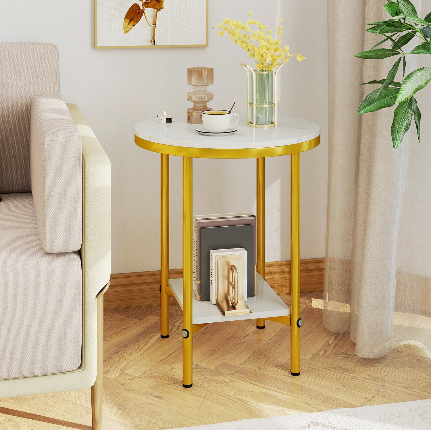 2-Tier Round Coffee Table with Storage Shelf