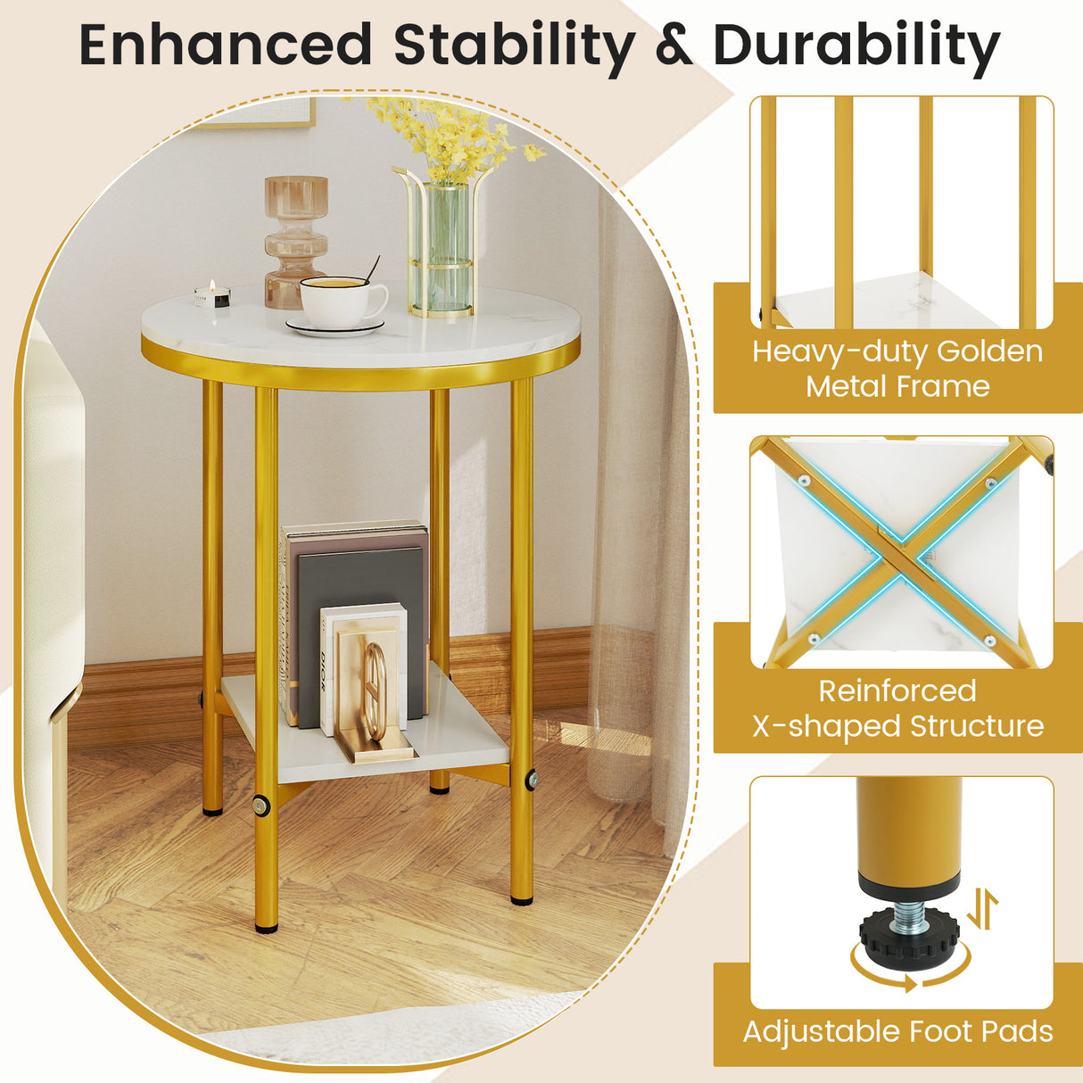 2-Tier Round Coffee Table with Storage Shelf