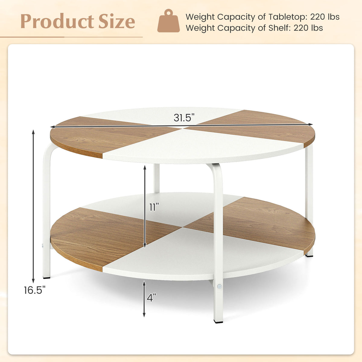 2-Tier Round Coffee Table Metal Frame with Storage Shelf