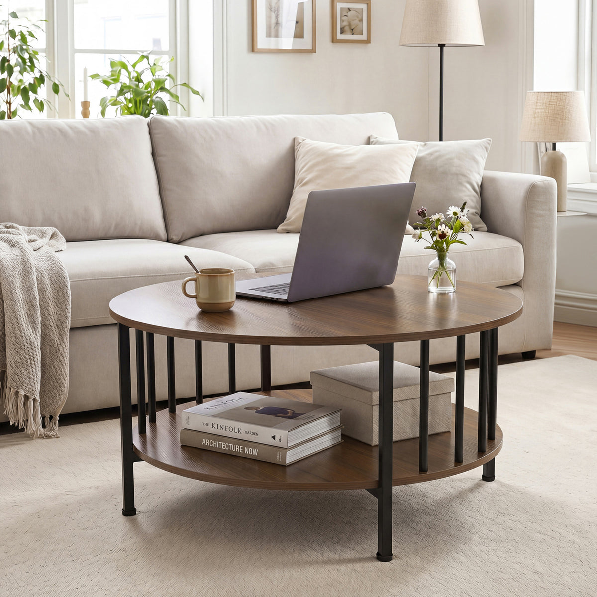 2-Tier Round Coffee Table with Storage Shelf and Metal Accents in Black Walnut