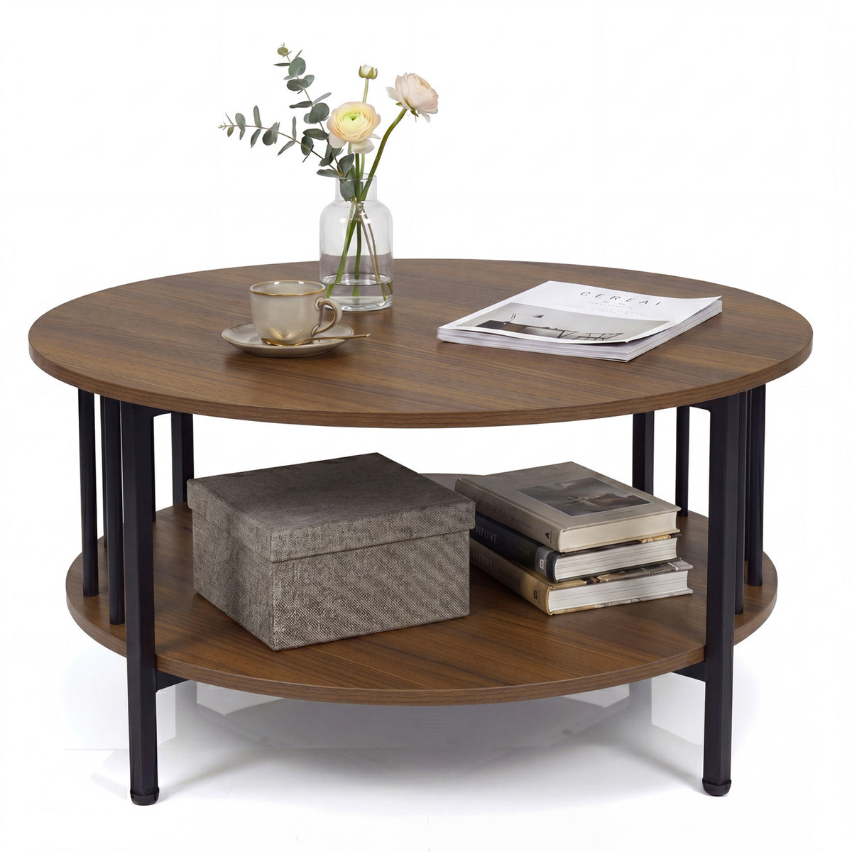 2-Tier Round Coffee Table with Storage Shelf and Metal Accents in Black Walnut