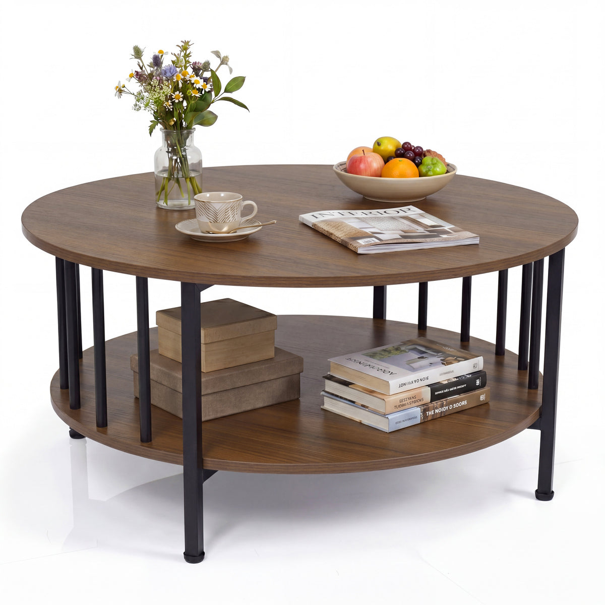 2-Tier Round Coffee Table with Storage Shelf and Metal Accents in Black Walnut