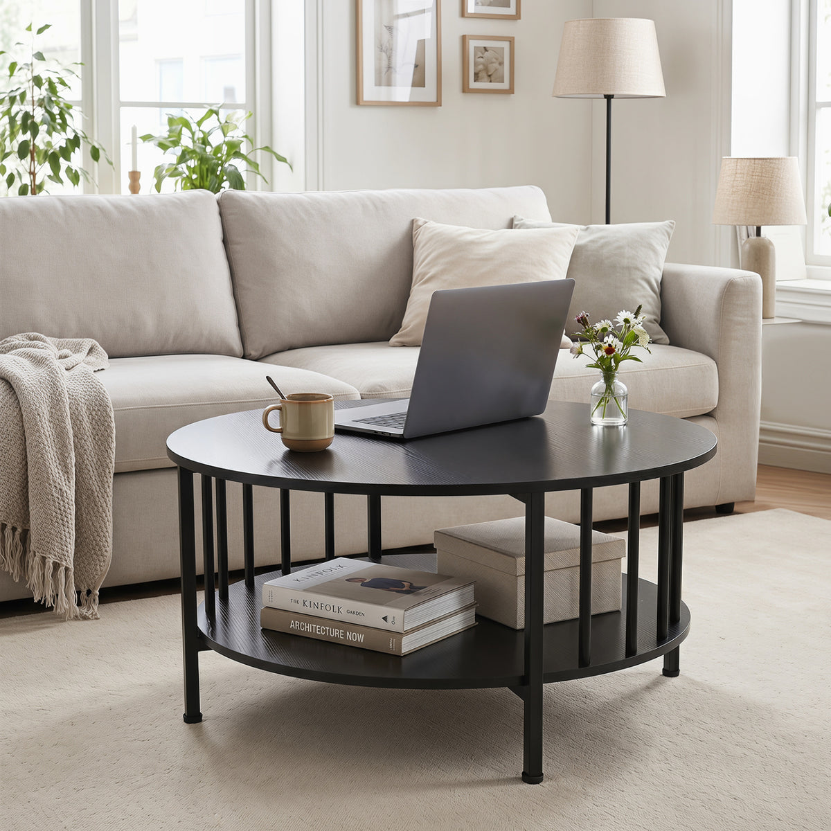 2-Tier Round Coffee Table with Storage Shelf and Metal Accents in Black Walnut