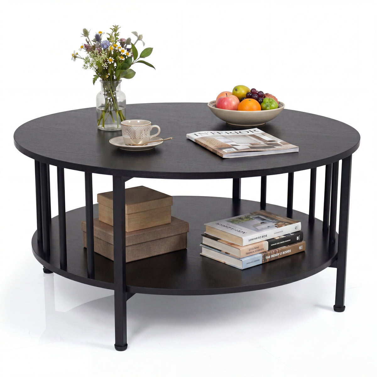 2-Tier Round Coffee Table with Storage Shelf and Metal Accents in Black Walnut