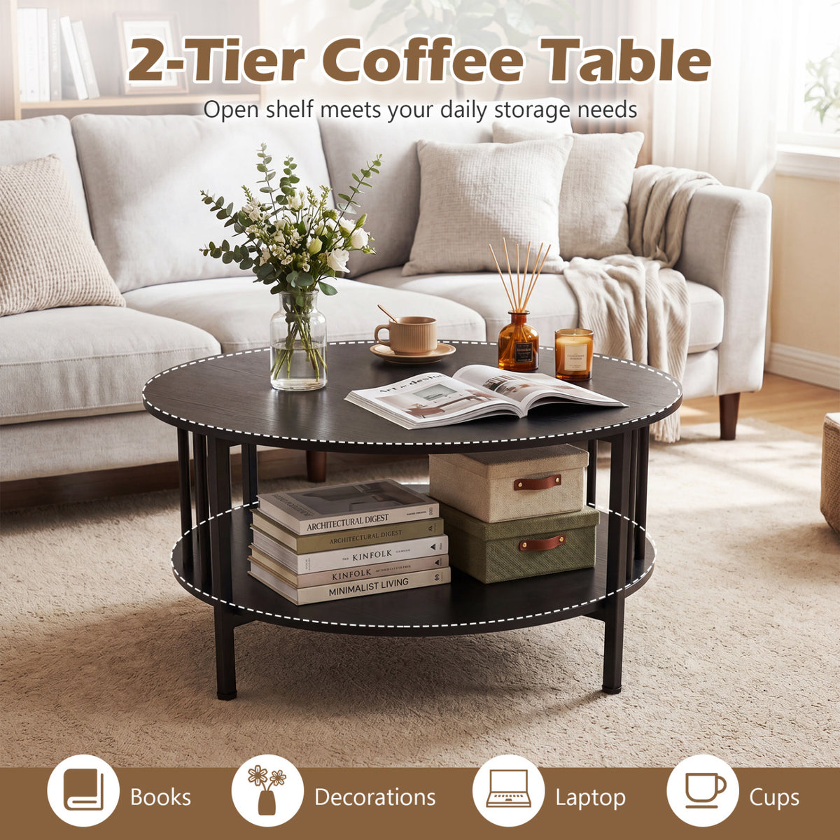 2-Tier Round Coffee Table with Storage Shelf and Metal Accents in Black Walnut