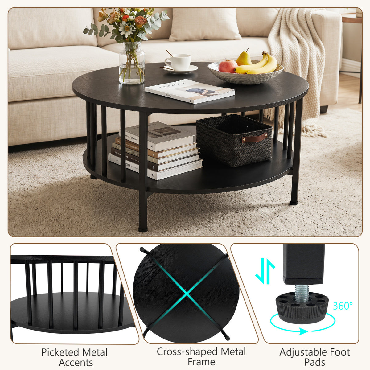 2-Tier Round Coffee Table with Storage Shelf and Metal Accents in Black Walnut