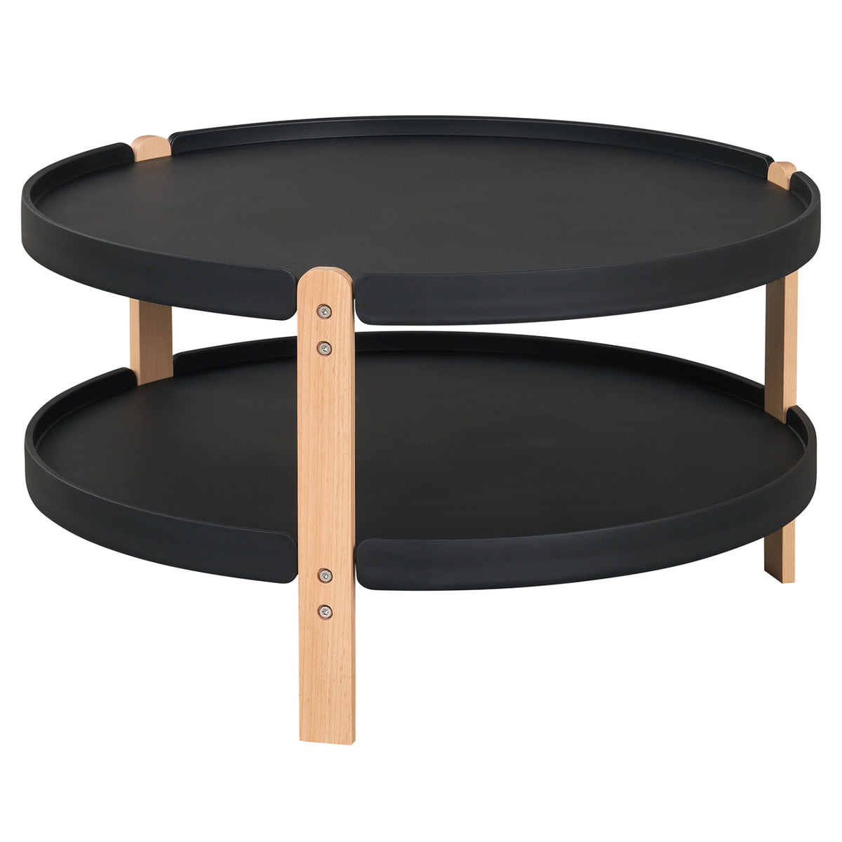 2-Tier Round Coffee Table with Open Storage Shelf and Solid Beech Wood Legs for Living Room