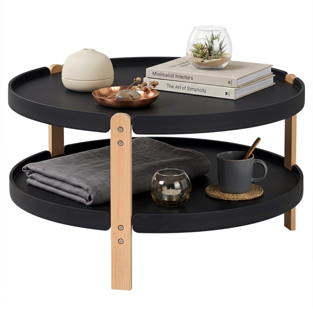 2-Tier Round Coffee Table with Open Storage Shelf and Solid Beech Wood Legs for Living Room