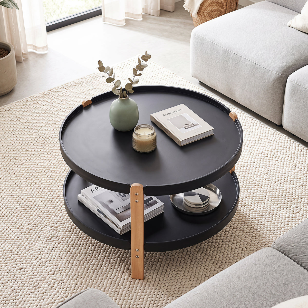 2-Tier Round Coffee Table with Open Storage Shelf and Solid Beech Wood Legs for Living Room