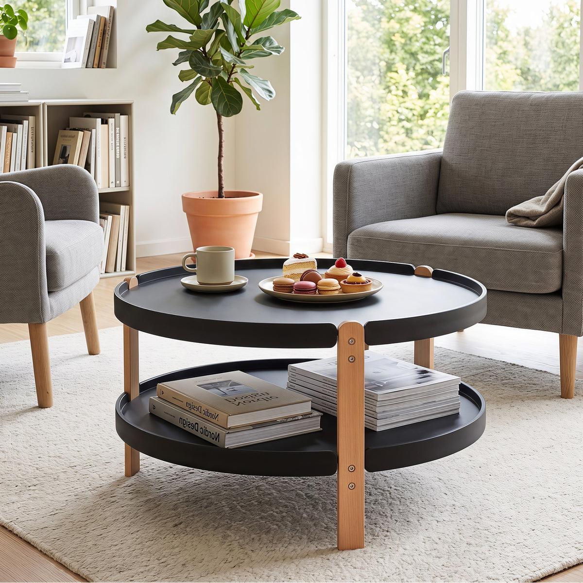 2-Tier Round Coffee Table with Open Storage Shelf and Solid Beech Wood Legs for Living Room