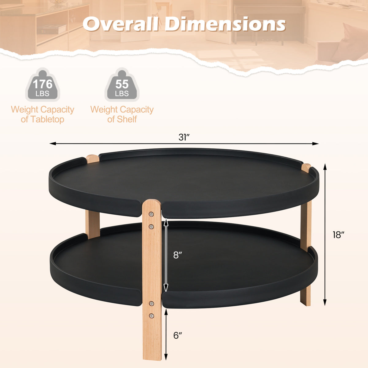 2-Tier Round Coffee Table with Open Storage Shelf and Solid Beech Wood Legs for Living Room