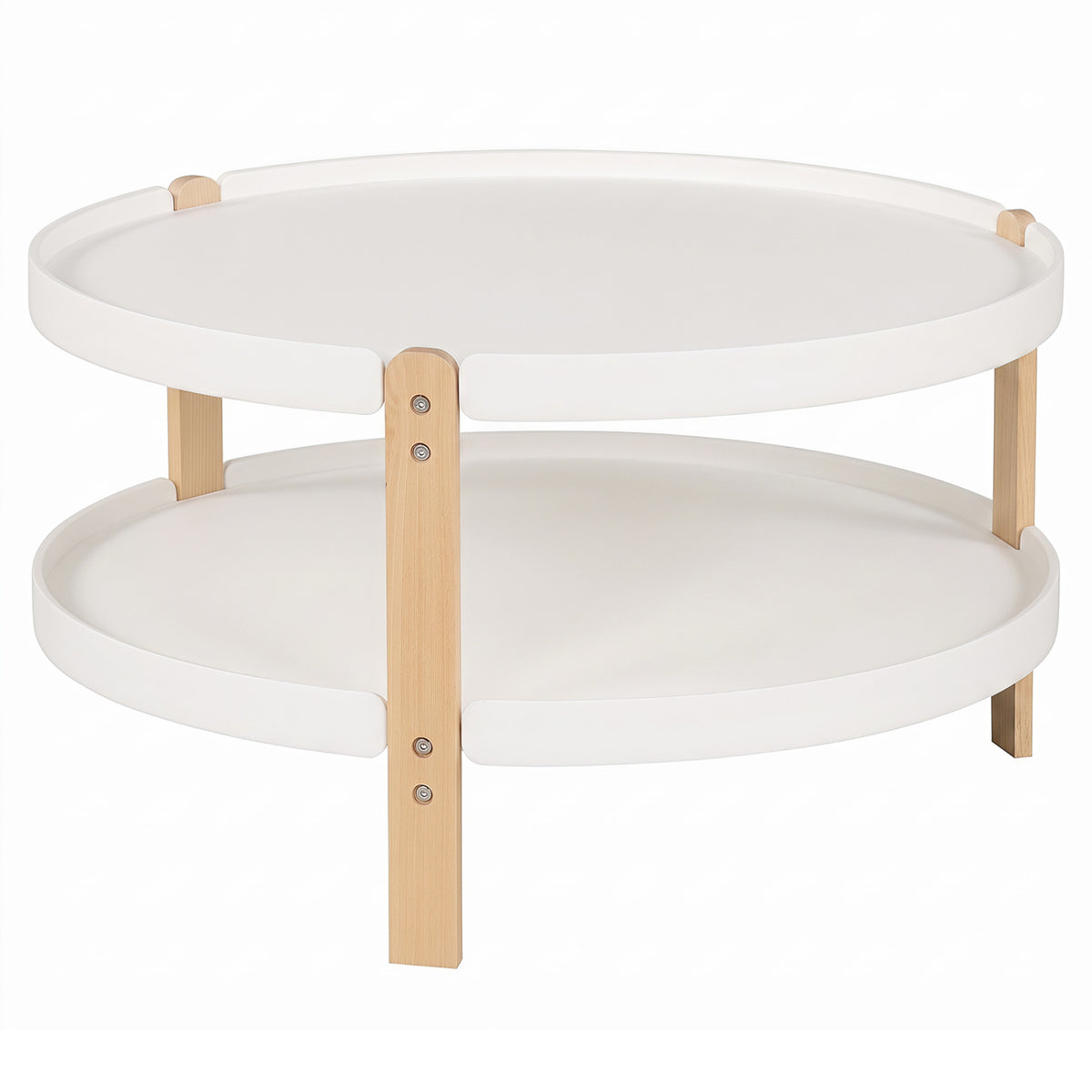 2-Tier Round Coffee Table with Open Storage Shelf and Solid Beech Wood Legs for Living Room