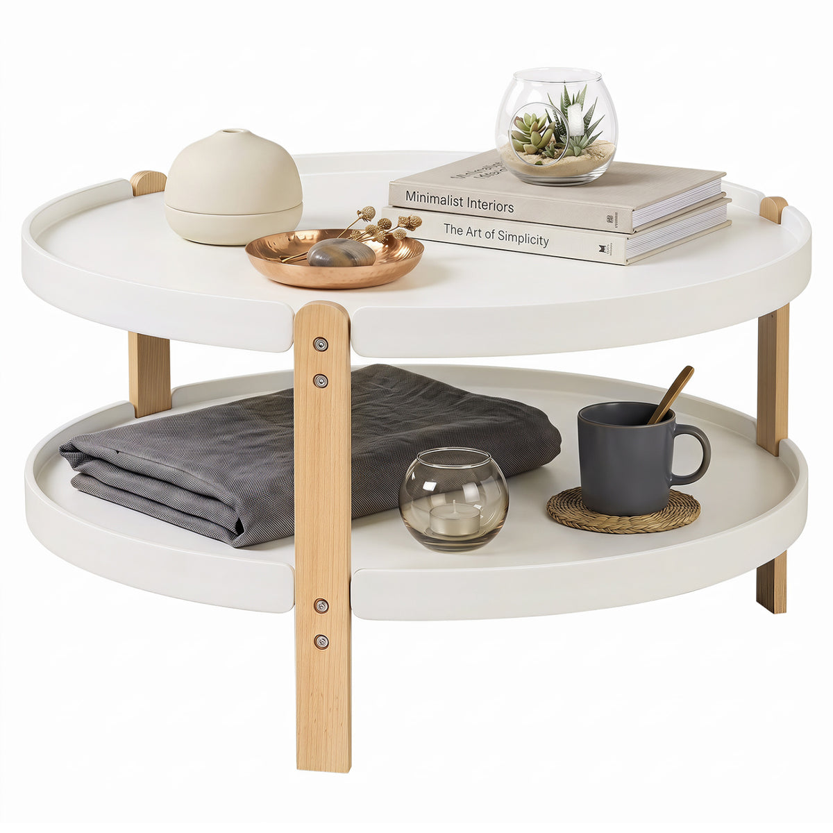 2-Tier Round Coffee Table with Open Storage Shelf and Solid Beech Wood Legs for Living Room