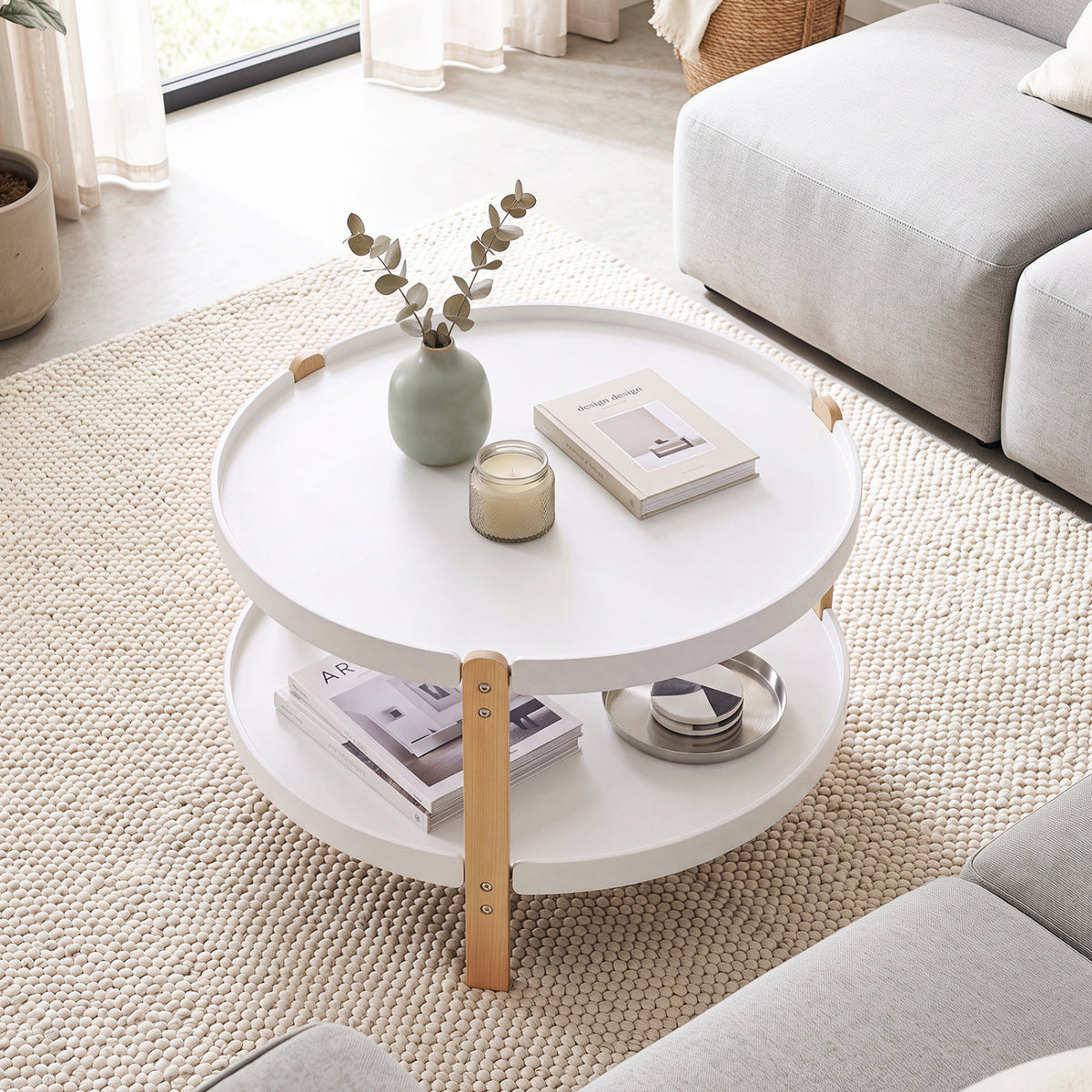 2-Tier Round Coffee Table with Open Storage Shelf and Solid Beech Wood Legs for Living Room