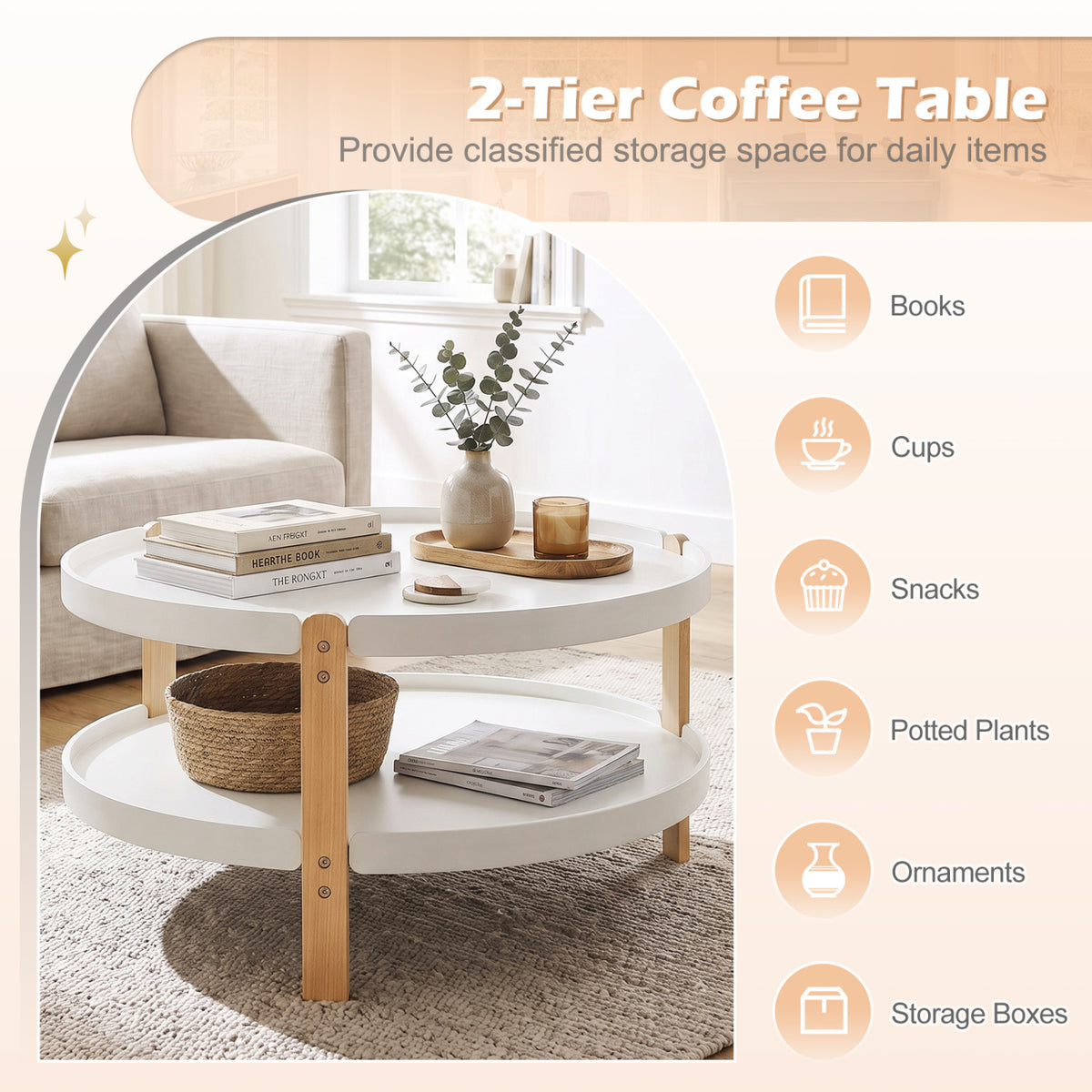 2-Tier Round Coffee Table with Open Storage Shelf and Solid Beech Wood Legs for Living Room