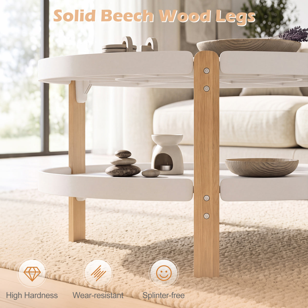 2-Tier Round Coffee Table with Open Storage Shelf and Solid Beech Wood Legs for Living Room