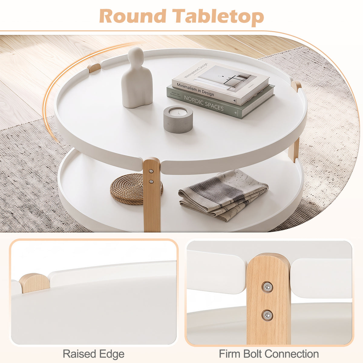 2-Tier Round Coffee Table with Open Storage Shelf and Solid Beech Wood Legs for Living Room