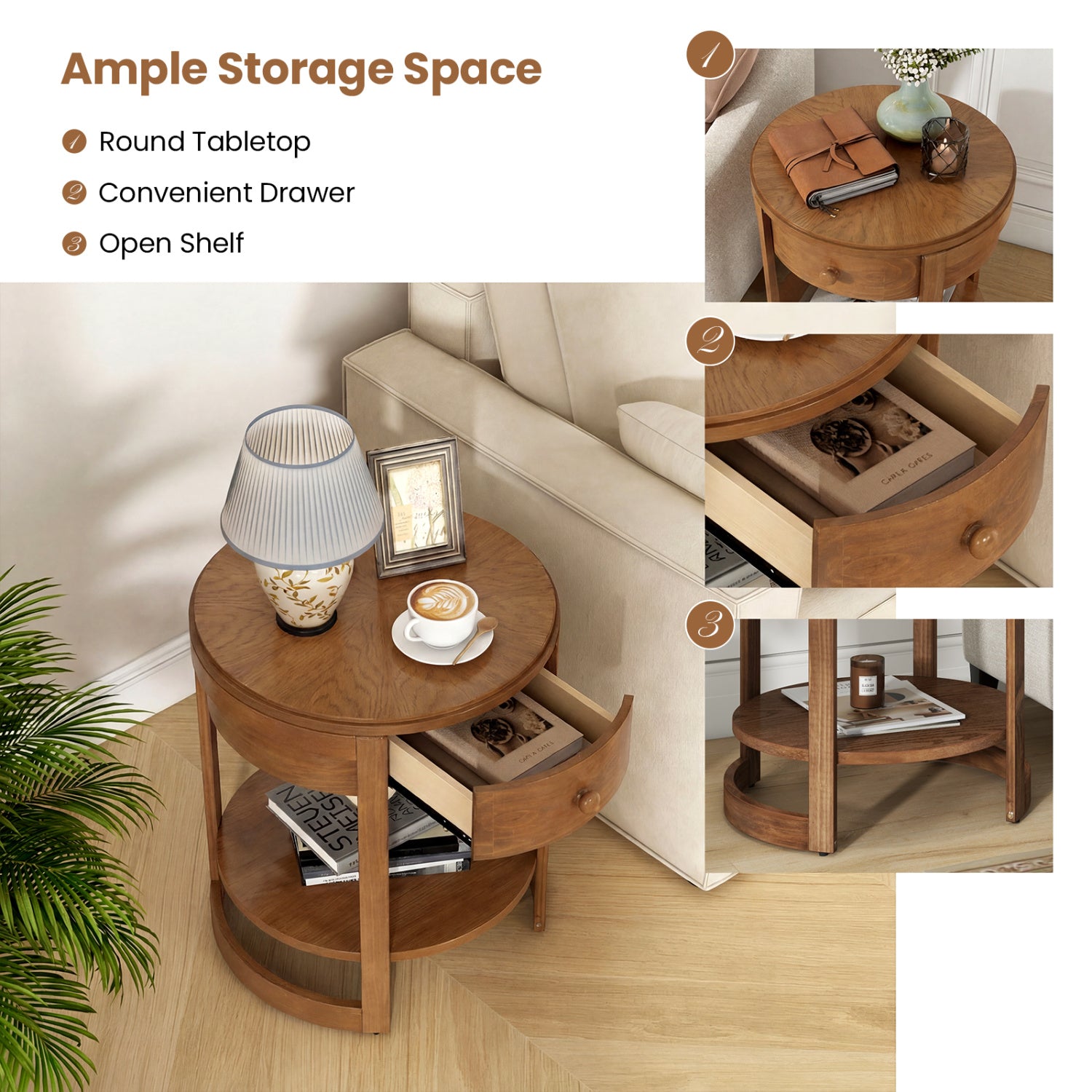 2-Tier Round End Table Mid Century Modern Nightstand Set of 2-Oak