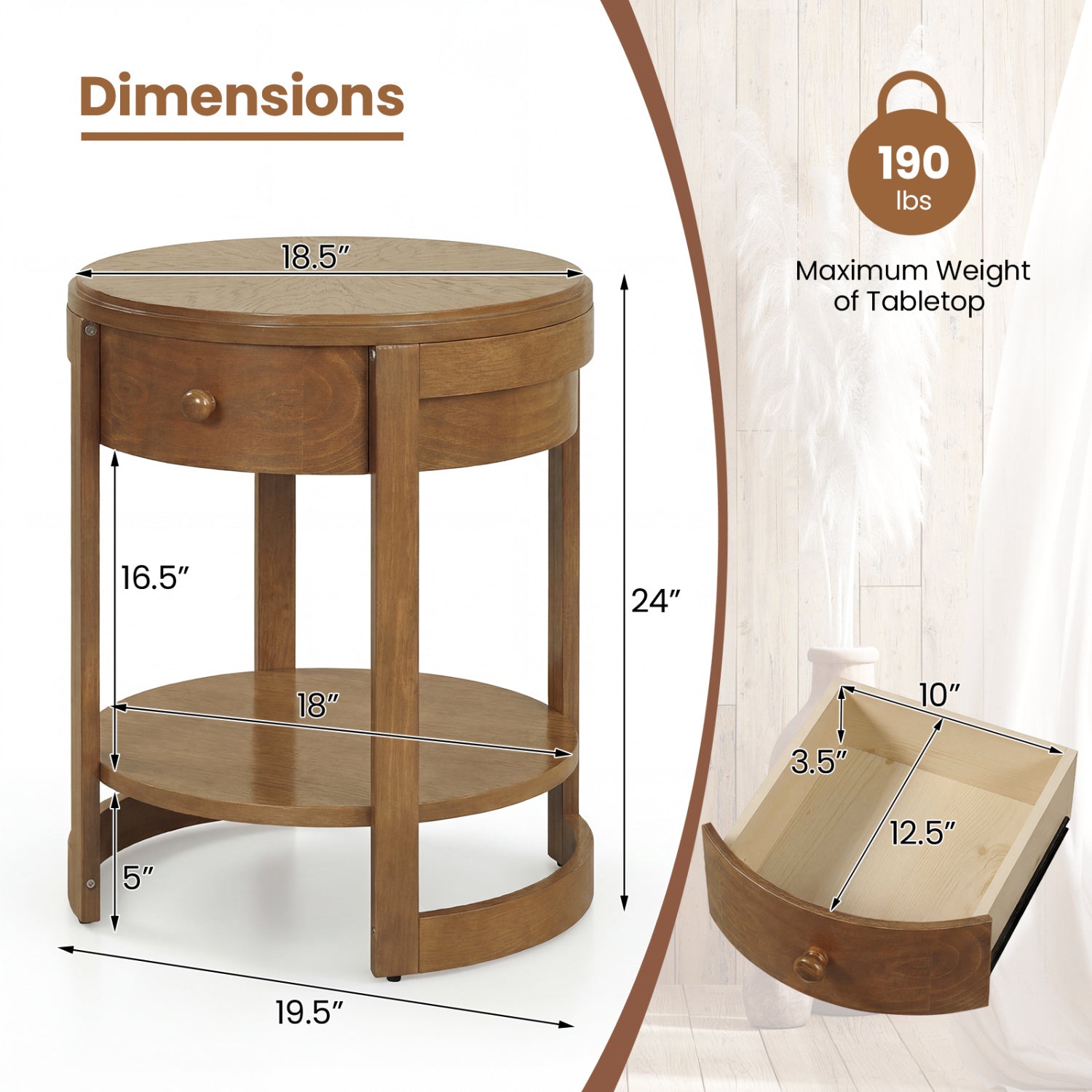 2-Tier Round End Table Mid Century Modern Nightstand Set of 2-Oak