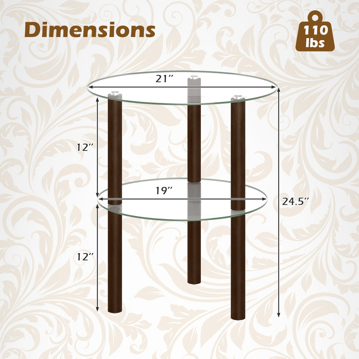 2-Tier Round End Table with Clear Tempered Glass Top and Shelf