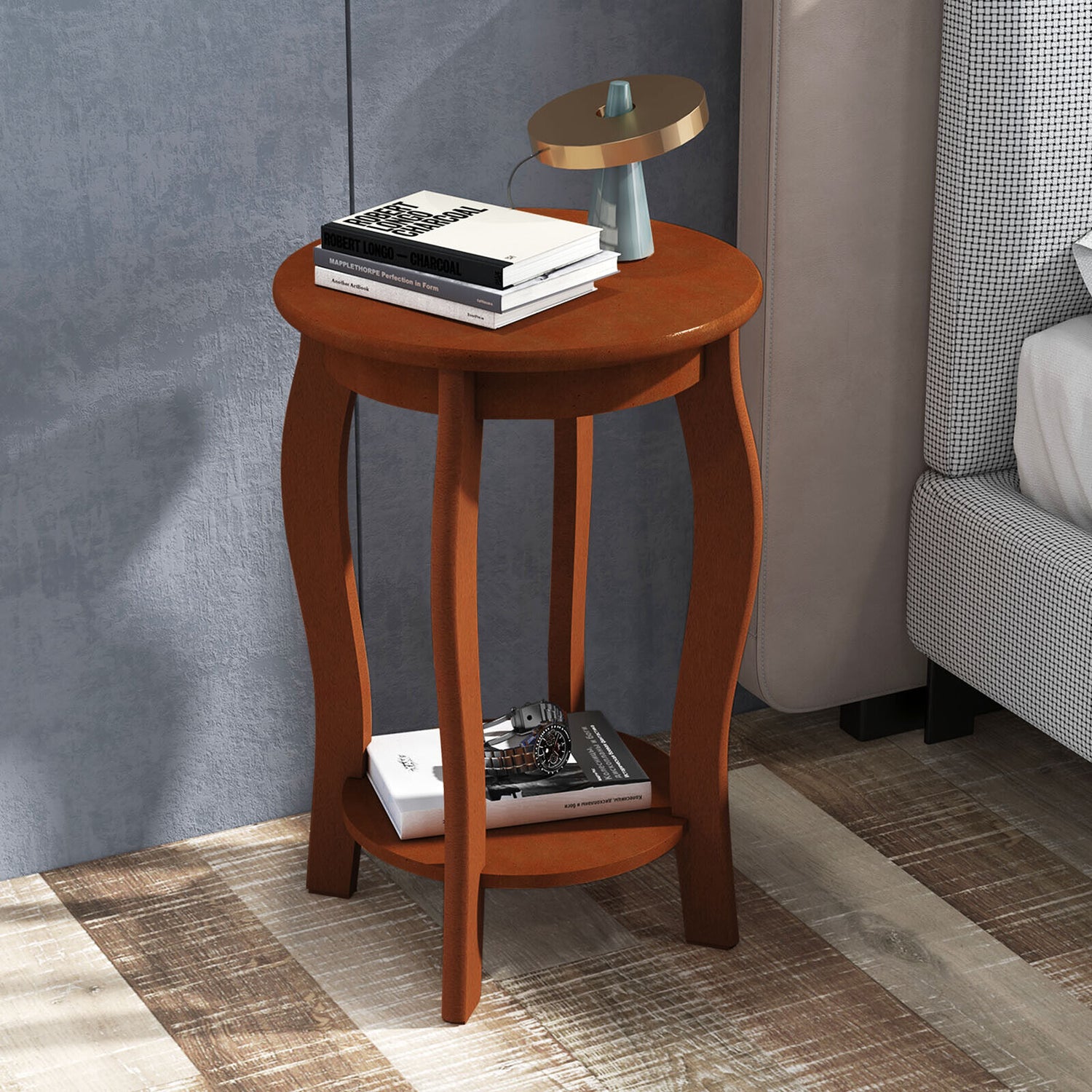 15 Inch 2-Tier Round End Table with Storage Shelf