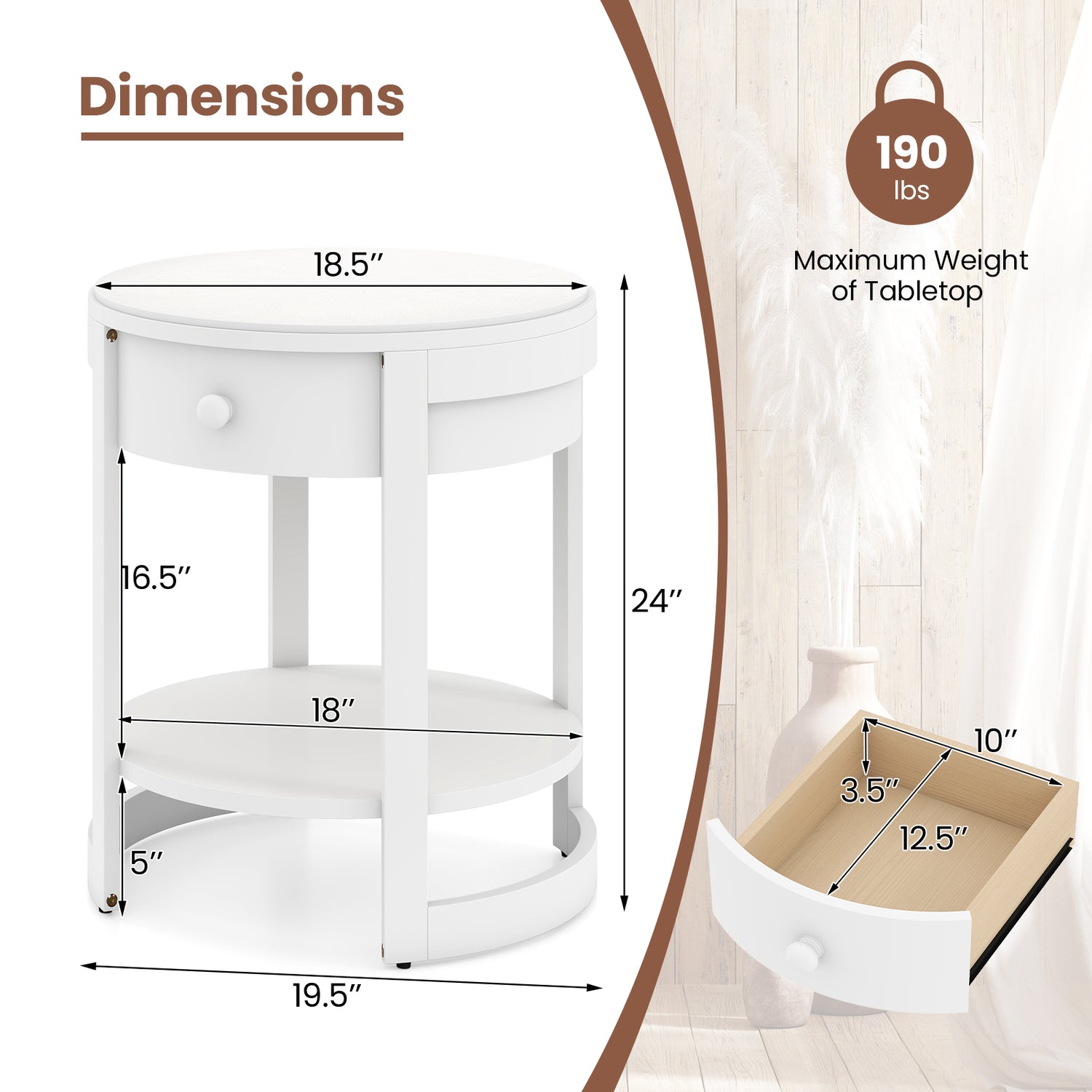2-Tier Round End Table Mid Century Modern Nightstand with Drawer and Shelf