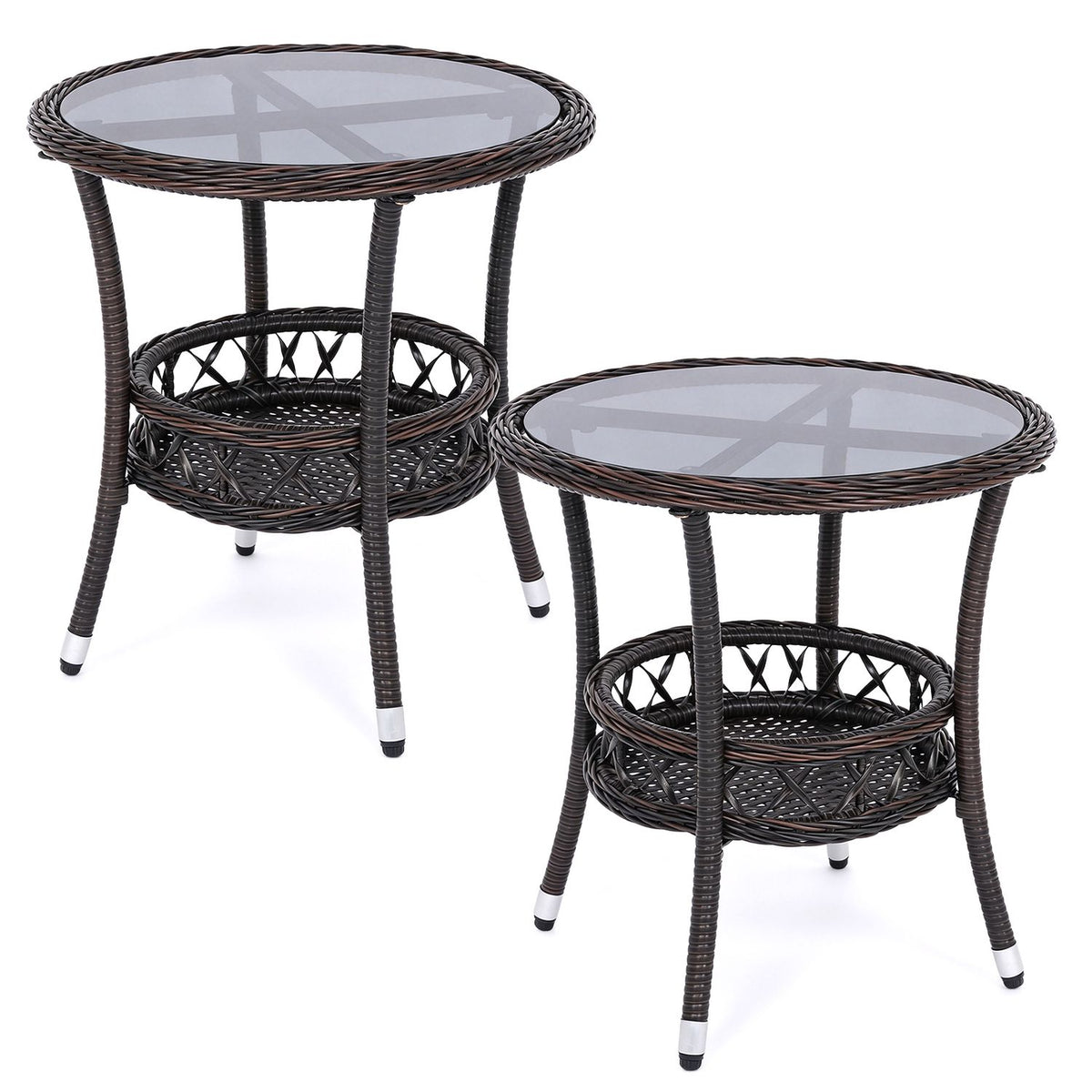 2-Tier Small Bistro Table Set of 1/2 with Tempered Glass Tabletop and Storage Shelf for Patio