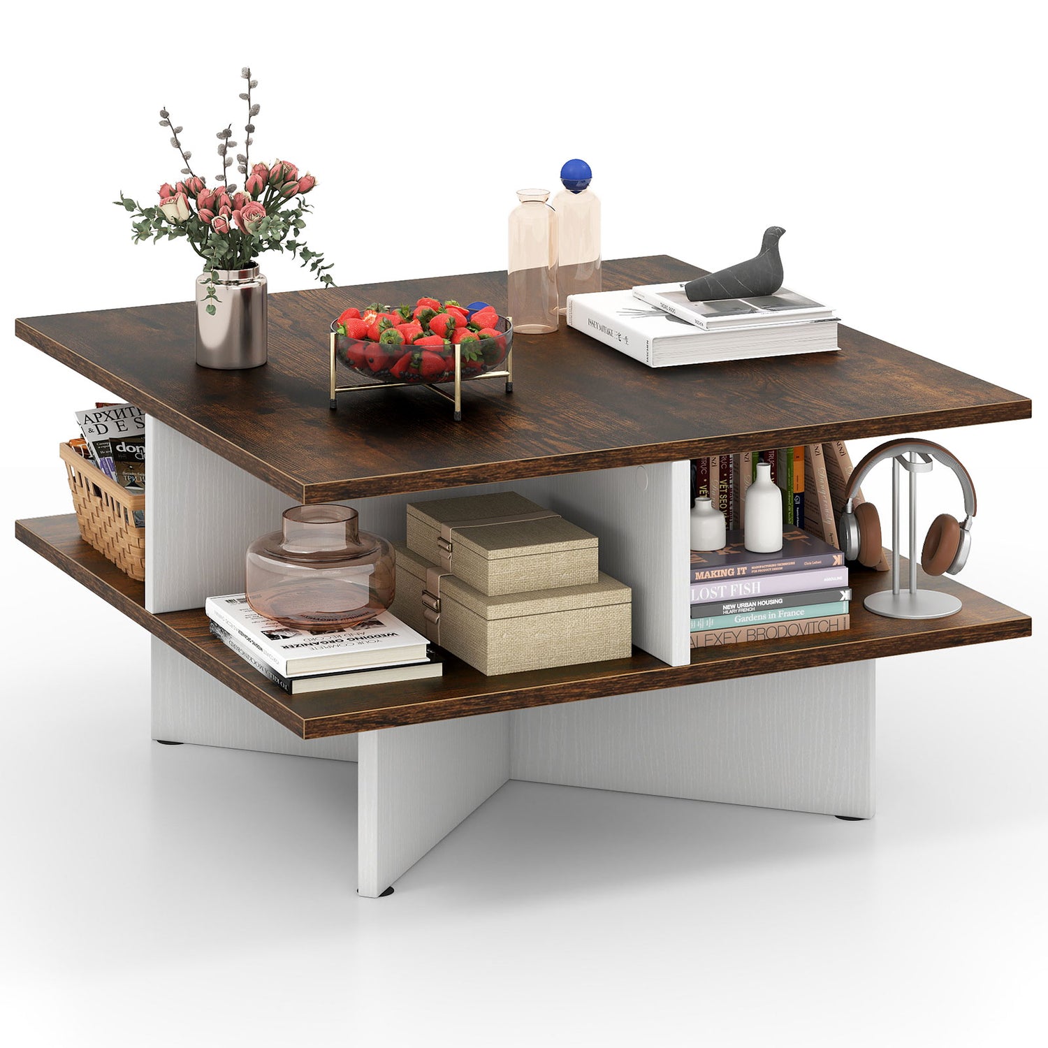 2-Tier Square Coffee Table with 4 Storage Compartments-Rustic Brown