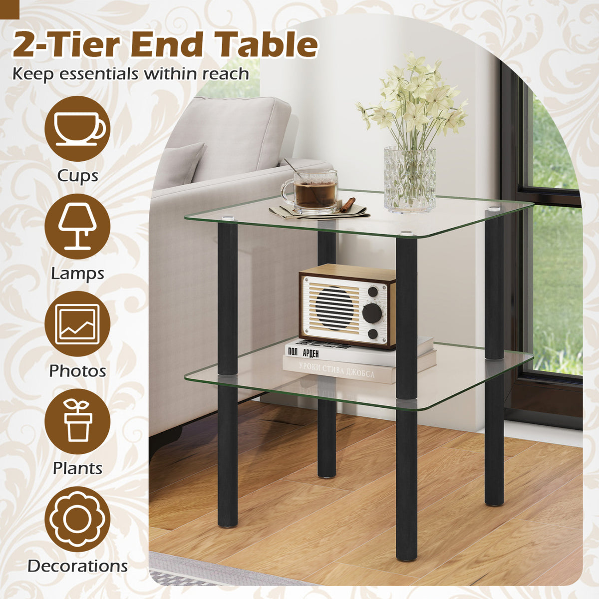 2-Tier Square End Table with Shelf and Clear Tempered Glass Top