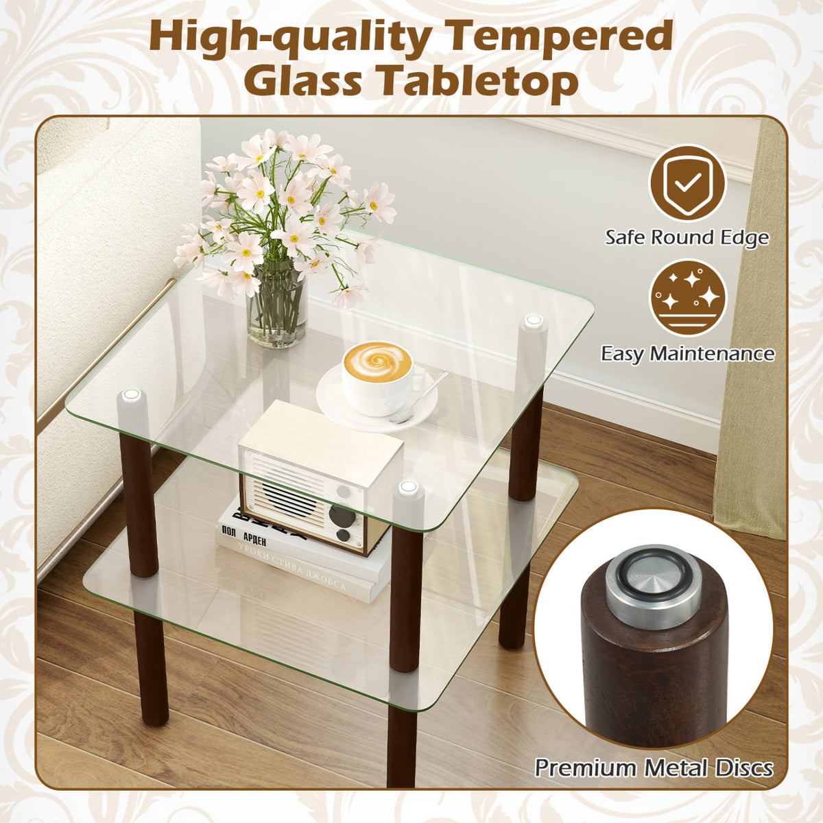 2-Tier Square End Table with Shelf and Clear Tempered Glass Top
