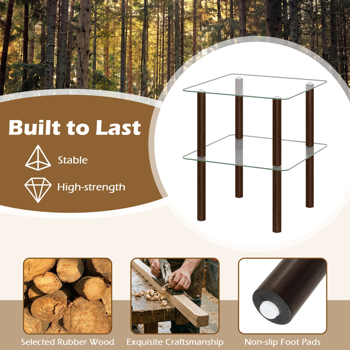 2-Tier Square End Table with Shelf and Clear Tempered Glass Top