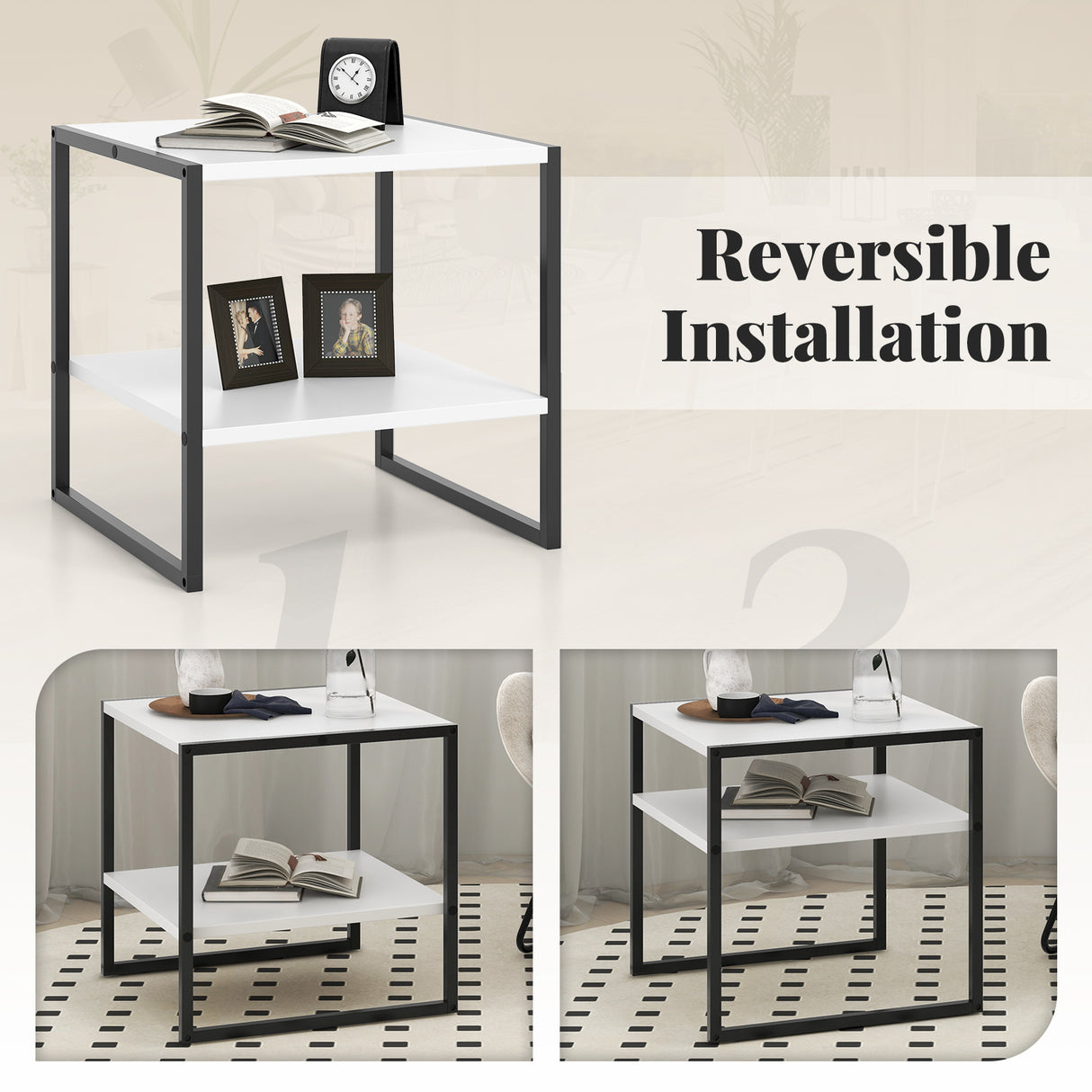 2-Tier Square End Table with Storage Shelf Reversible Design-White
