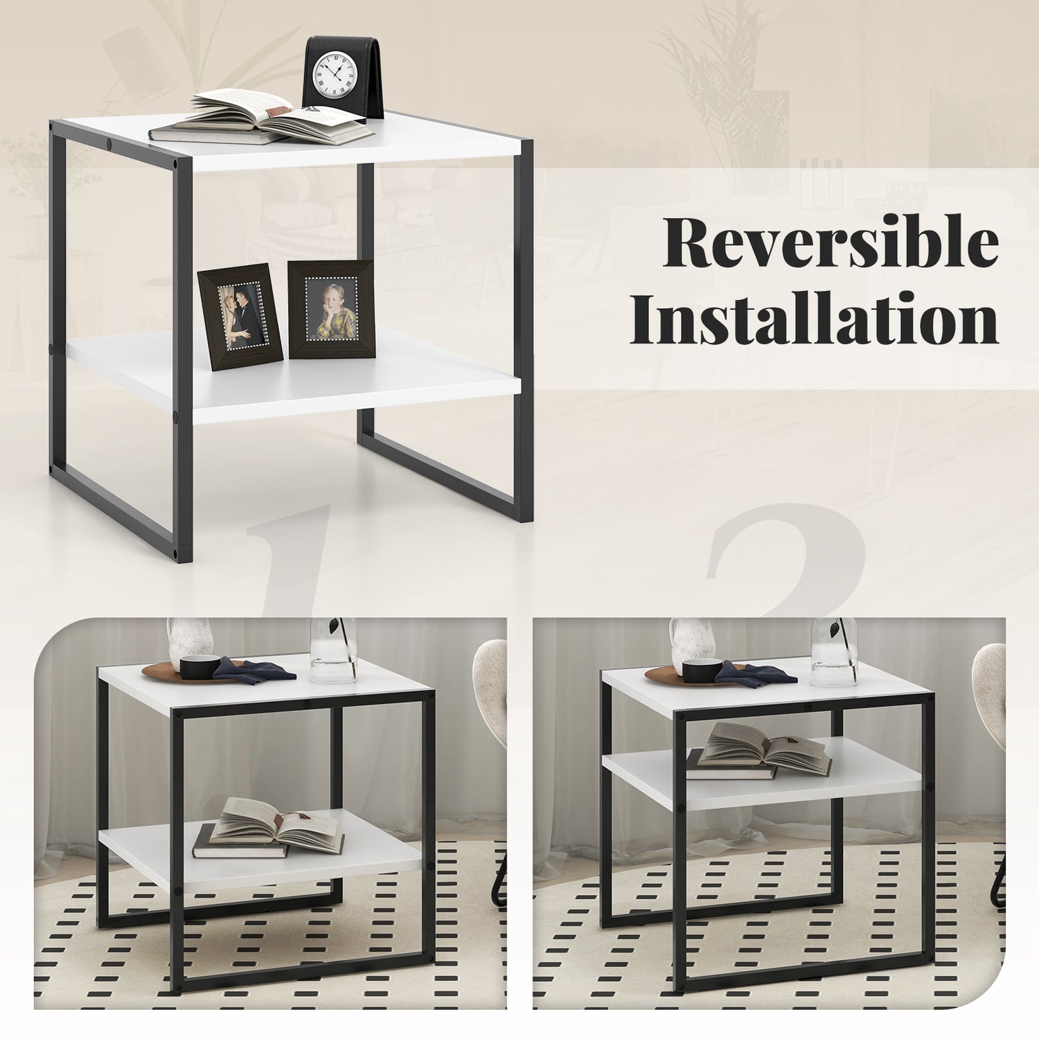 2-Tier Square End Table with Storage Shelf Reversible Design-White