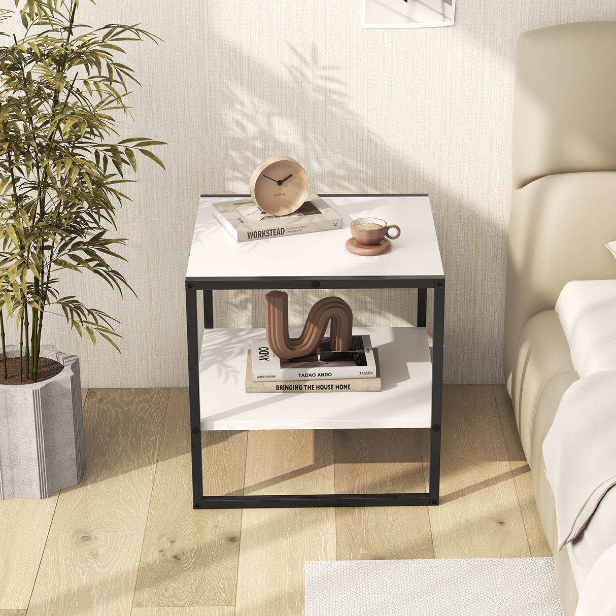 2-Tier Square End Table with Storage Shelf Reversible Design-White