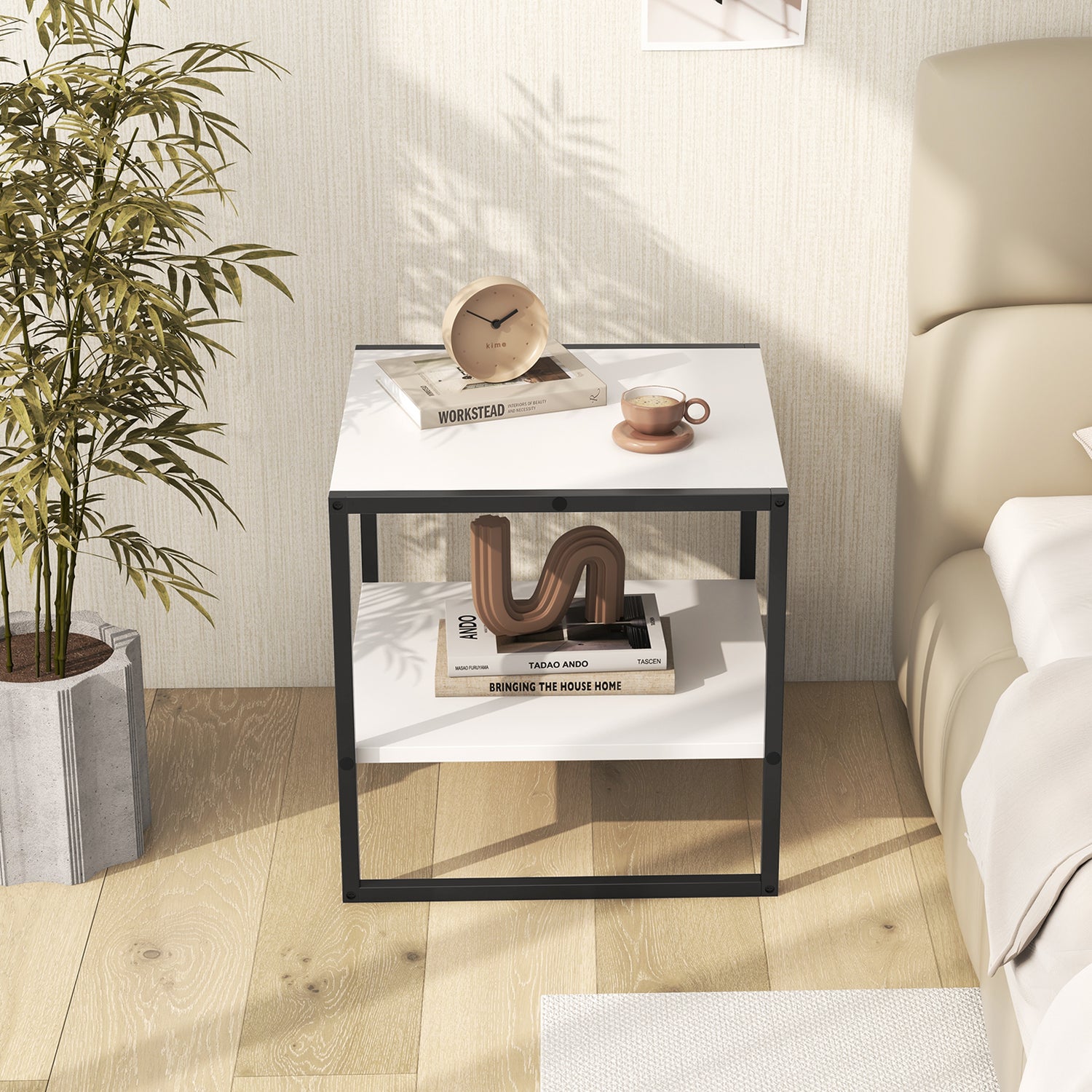 2-Tier Square End Table with Storage Shelf Reversible Design-White