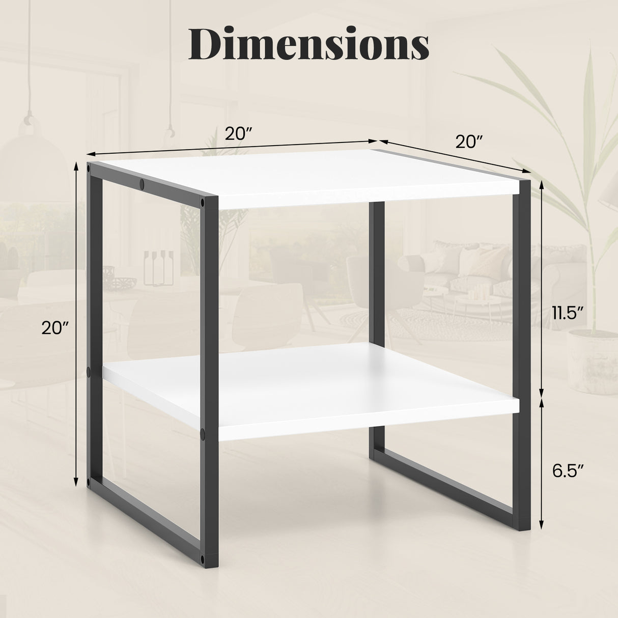 2-Tier Square End Table with Storage Shelf Reversible Design-White