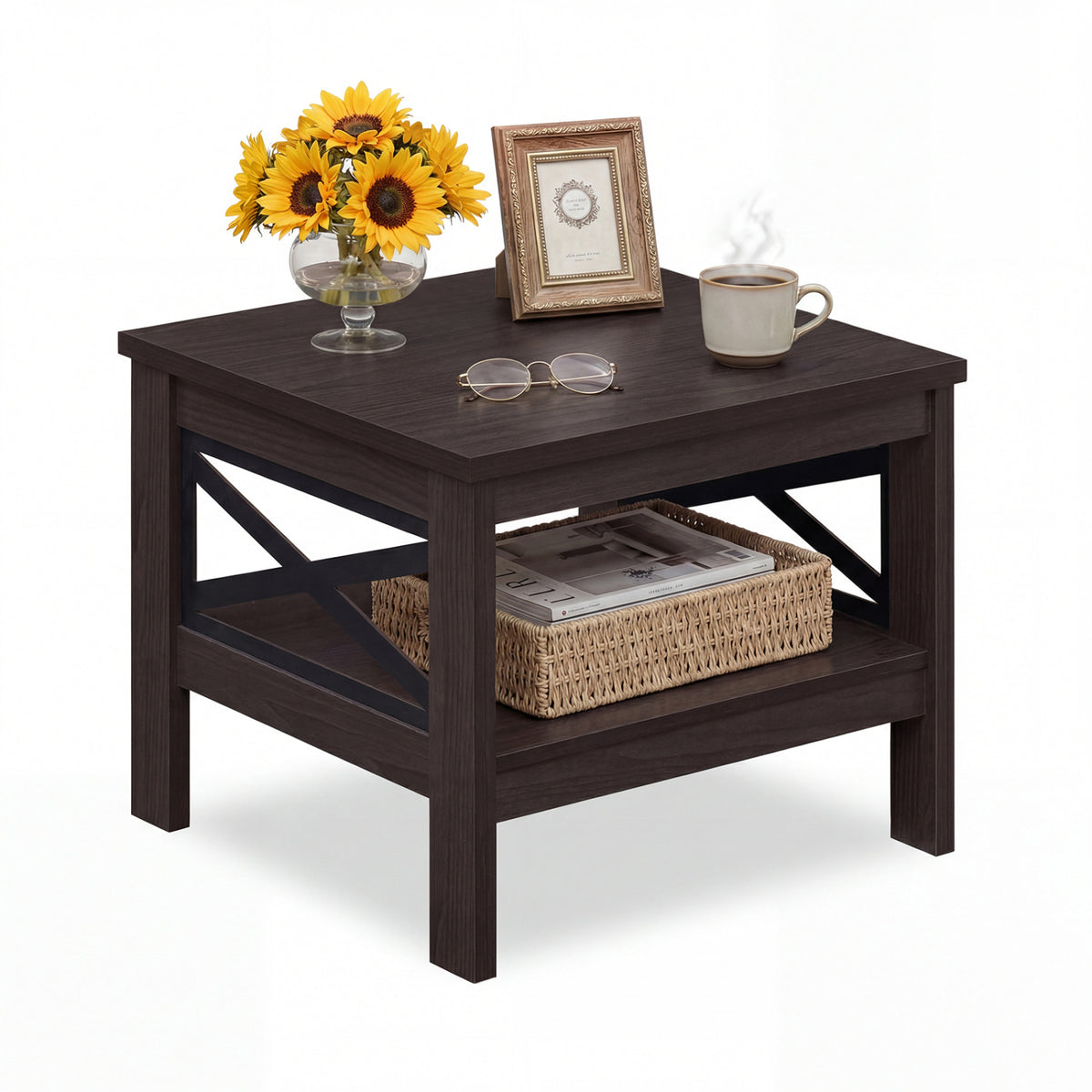 2-Tier Square Side Table with Storage Shelf and X-Frame for Bedroom Living Room