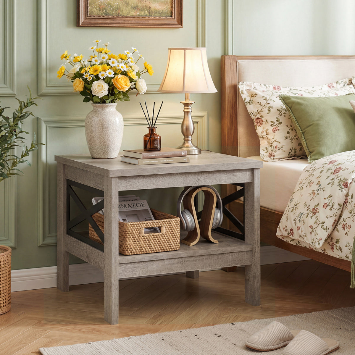 2-Tier Square Side Table with Storage Shelf and X-Frame for Bedroom Living Room