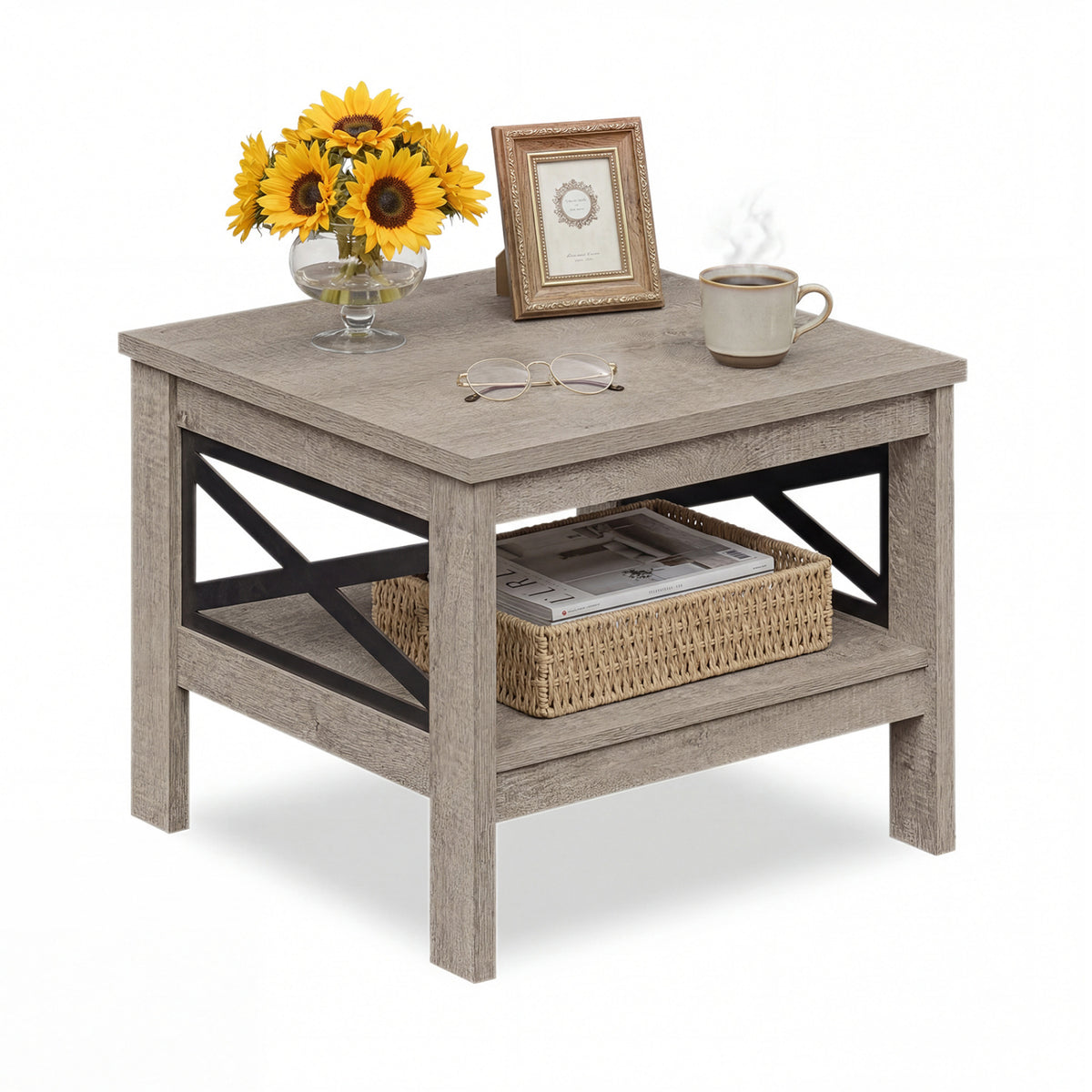 2-Tier Square Side Table with Storage Shelf and X-Frame for Bedroom Living Room