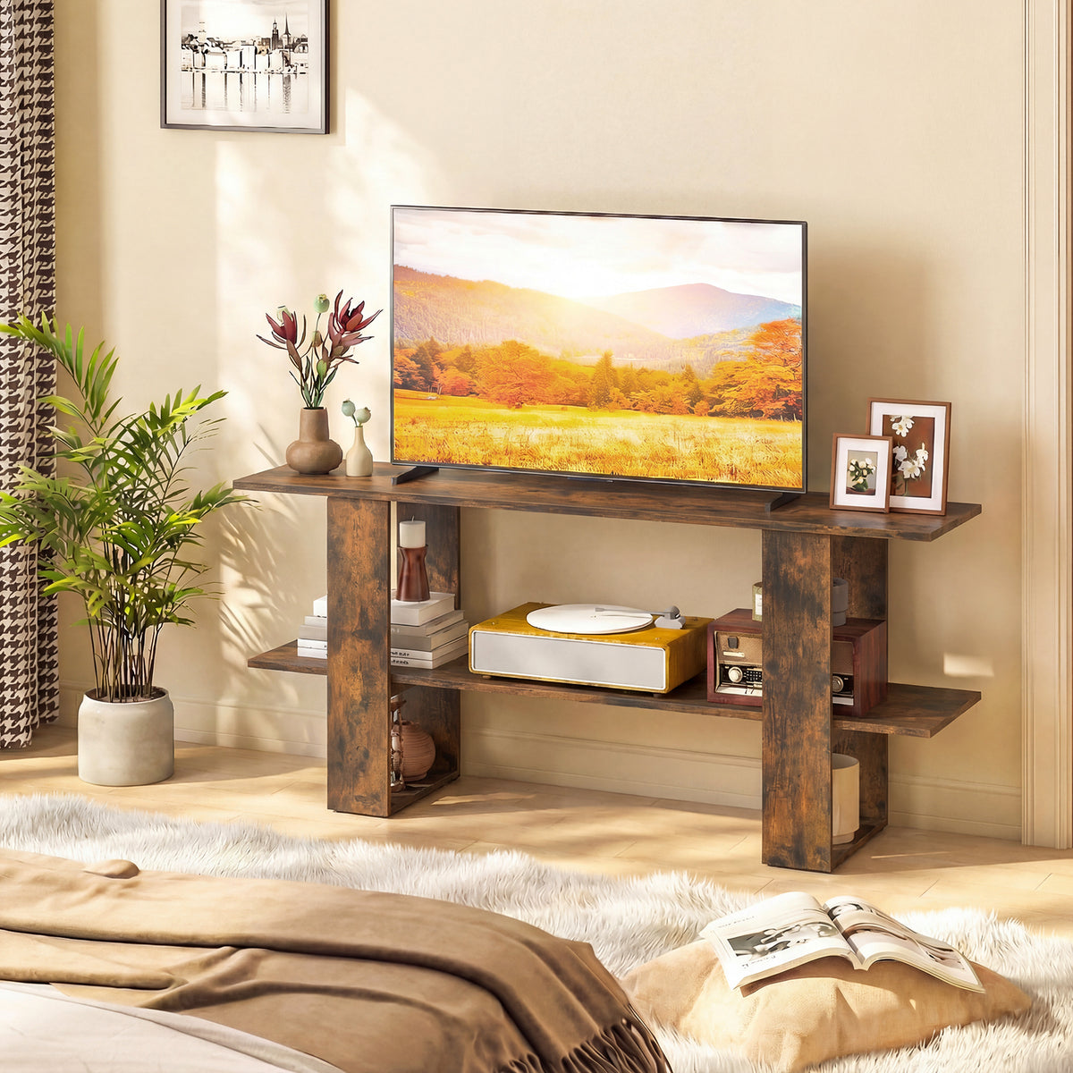 2-Tier TV Stand with Storage for TVs up to 55 Inch Console Table with Open Shelf
