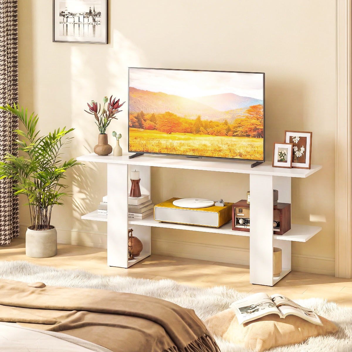 2-Tier TV Stand with Storage for TVs up to 55 Inch Console Table with Open Shelf
