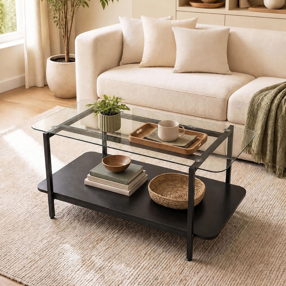 2-Tier Tempered Glass Coffee Table with Storage Shelf-Black