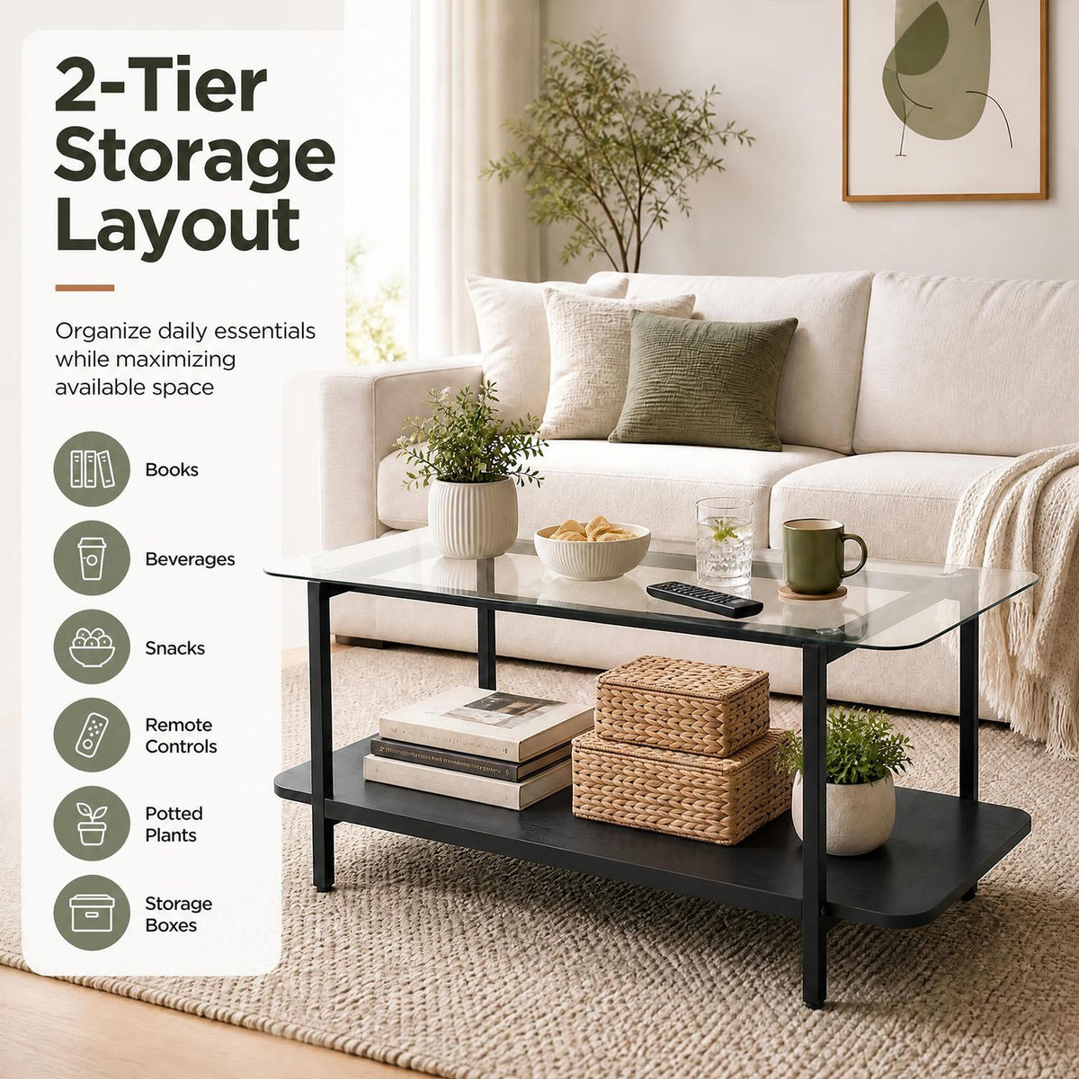 2-Tier Tempered Glass Coffee Table with Storage Shelf-Black
